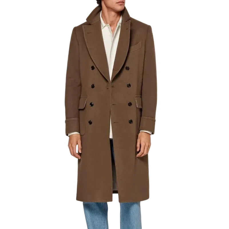 Dark Brown Double Breasted Wool Trench Coat for Men