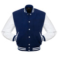 Kingwell Apparel Men's Navy Blue Wool and White Leather Varsity Jacket