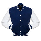 Kingwell Apparel Men's Navy Blue Wool and White Leather Varsity Jacket