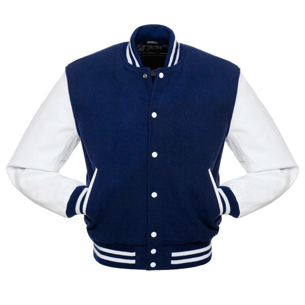 Kingwell Apparel Men's Navy Blue Wool and White Leather Varsity Jacket