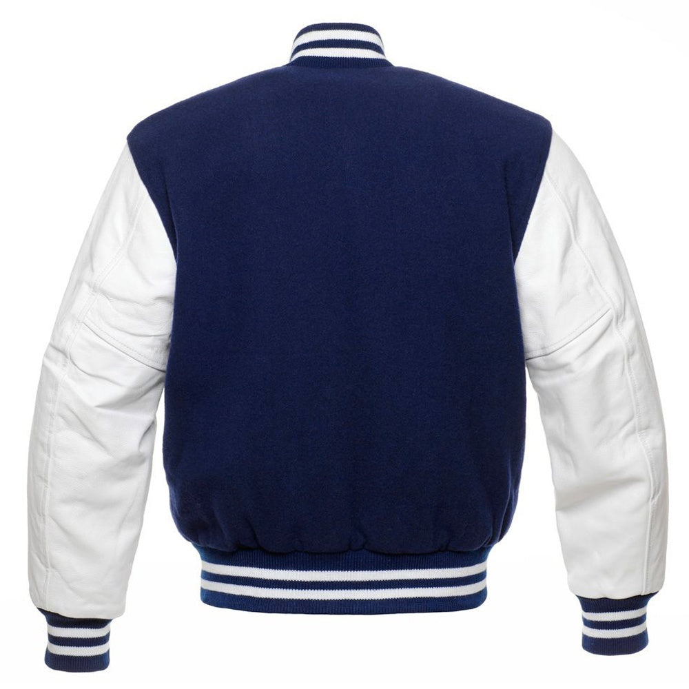 Kingwell Apparel Men's Navy Blue Wool and White Leather Varsity Jacket