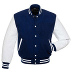 Kingwell Apparel Men's Navy Blue Wool and White Leather Varsity Jacket