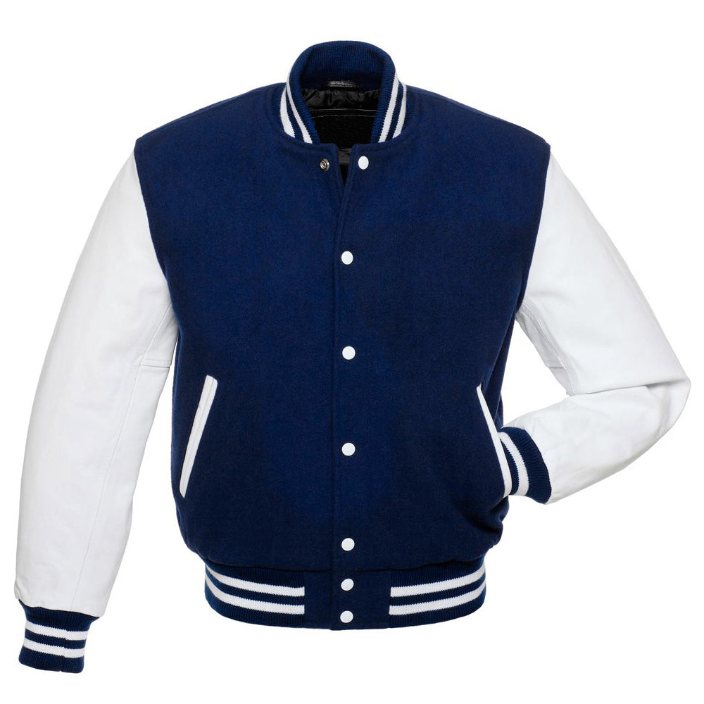 Kingwell Apparel Men's Navy Blue Wool and White Leather Varsity Jacket
