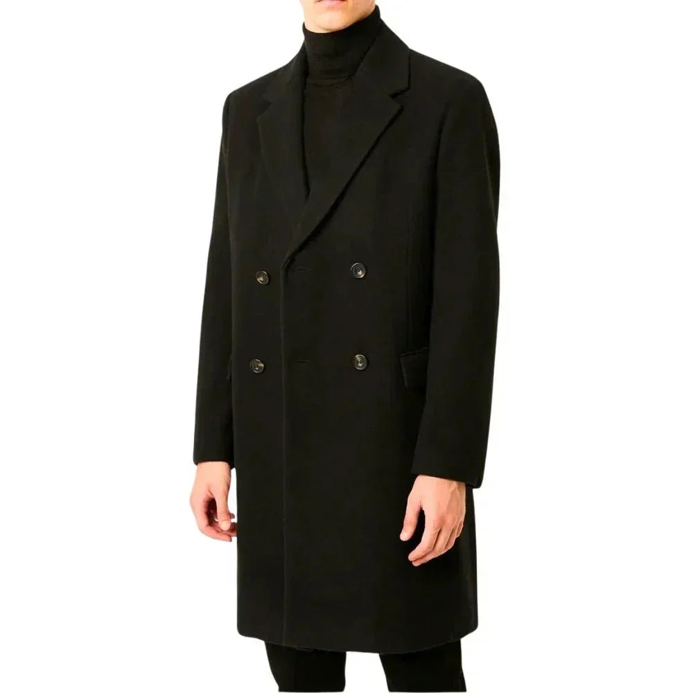 Mens Black Double Breasted Wool Trench Coat