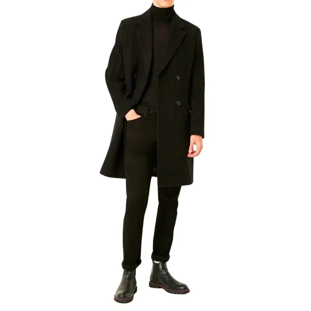 Mens Black Double Breasted Wool Trench Coat