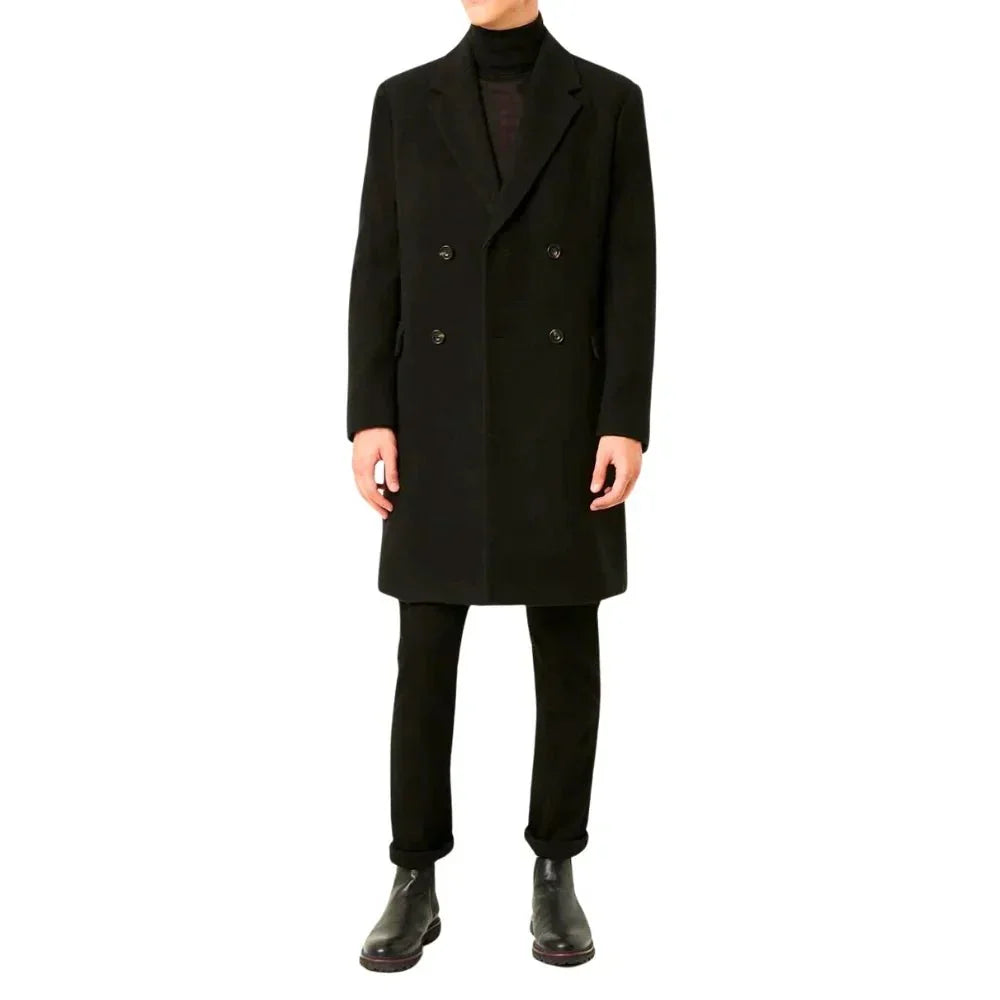 Mens Black Double Breasted Wool Trench Coat