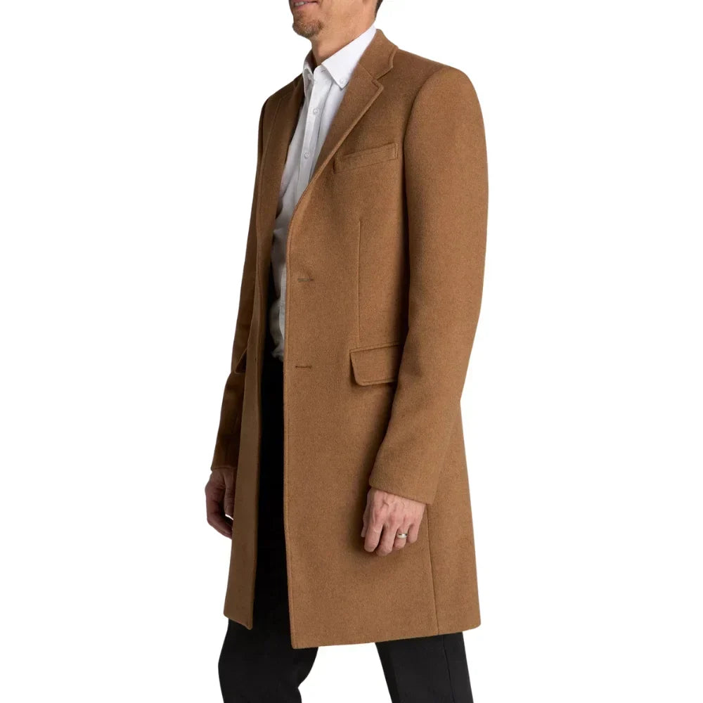 Mens Camel Brown Single Breasted Wool Coat